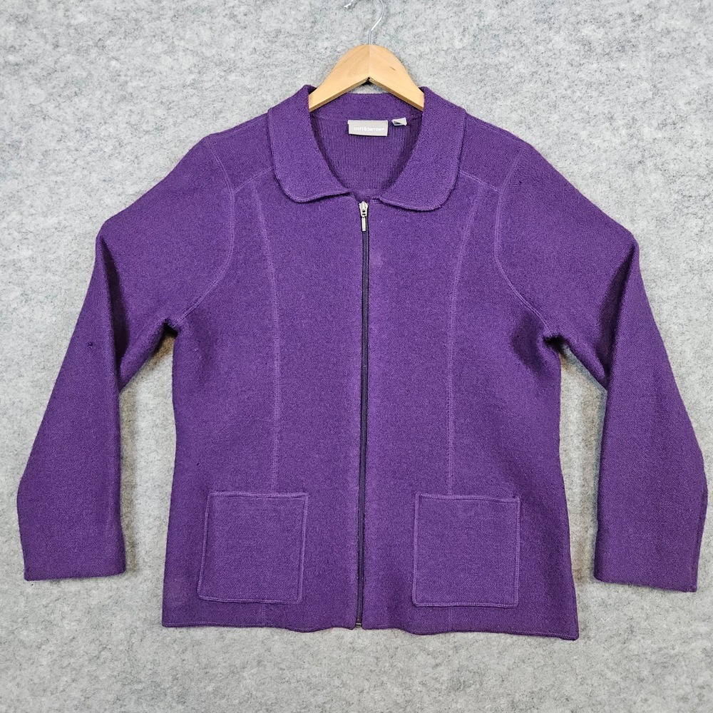 Croft & Barrow Women's Purple 100% Wool Zip Front Cardigan Sweater Size M HOLES